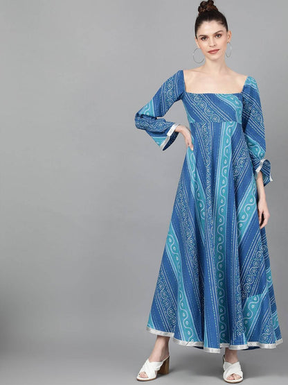 Women's  Blue Bandhani Printed Fit and Flare Dress