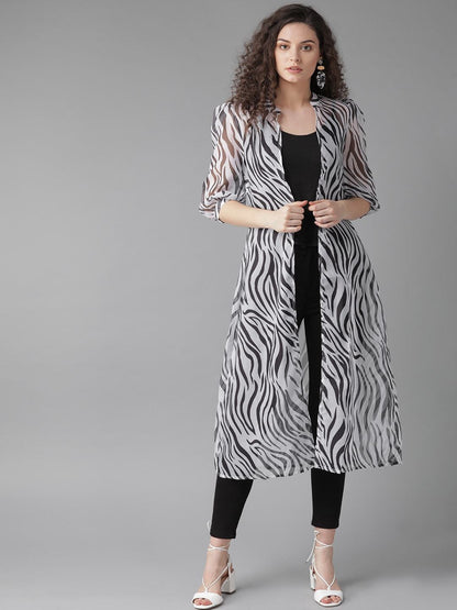 Women's  White & Black Animal Printed Open Front Shrug