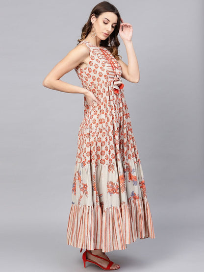 Women's  Beige & Orange Printed Tiered Maxi Dress