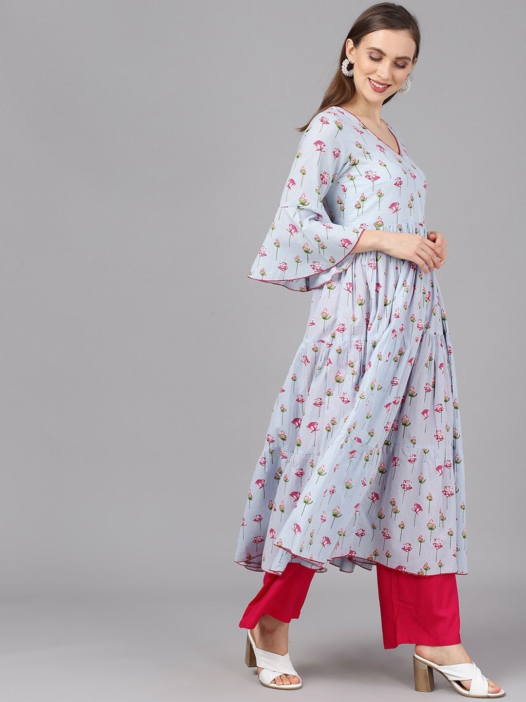 Women's  Blue & Pink Printed Anarkali Kurta