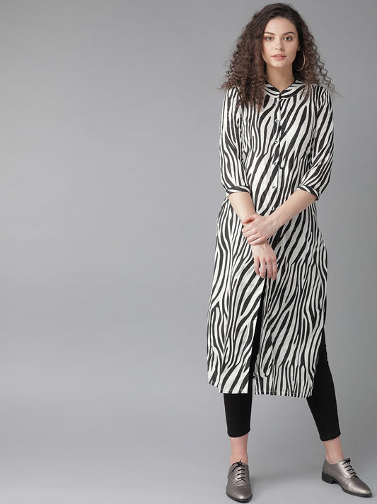 Women's  White & Black Printed Straight Kurta