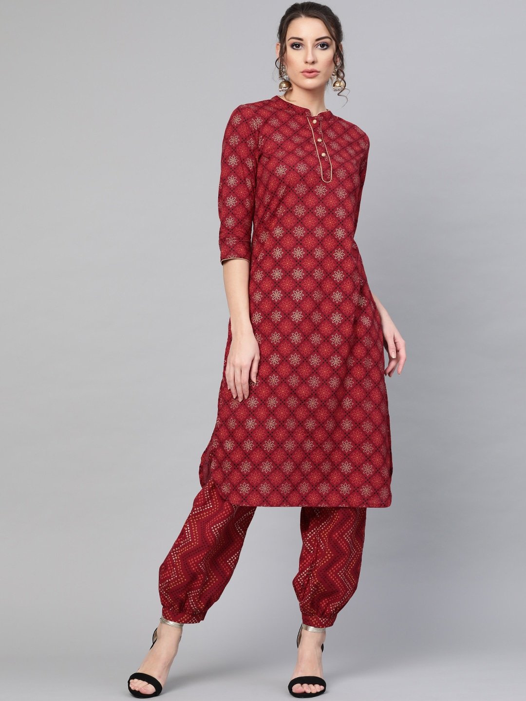 Women's  Maroon & Orange Printed Kurta with Trousers