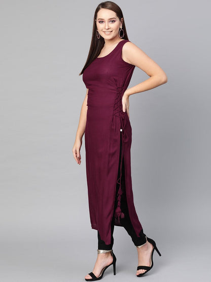 Women's  Burgundy Solid Straight Kurta