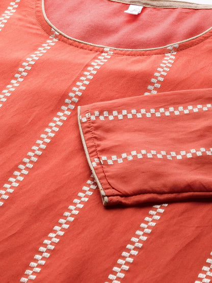 Women's  Coral Orange & Silver Self-Striped Kurta with Palazzos