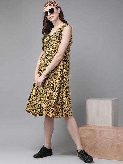 Women's  Yellow Leopard Printed Fit and Flare Dress