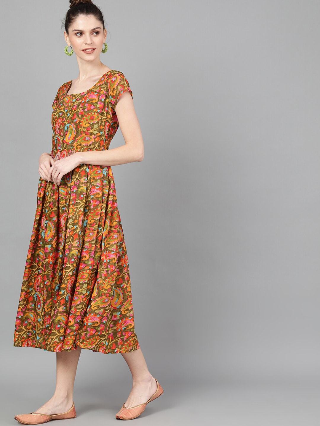 Women's  Olive Green & Orange Floral Printed Fit and Flare Dress