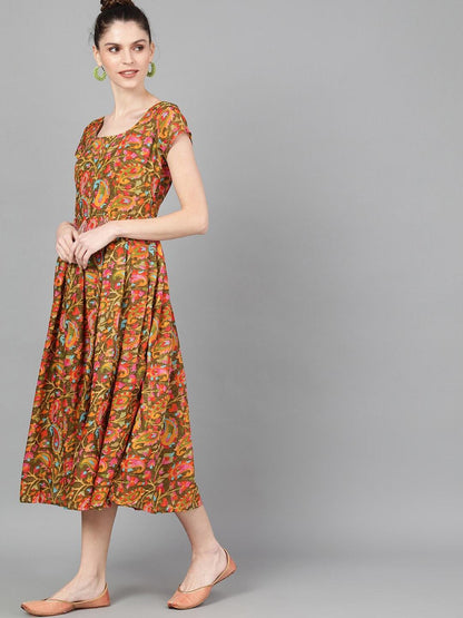 Women's  Olive Green & Orange Floral Printed Fit and Flare Dress