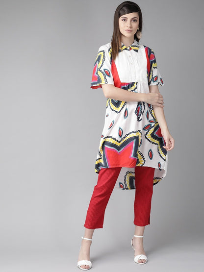 Women's  White & Red Quirky Printed A-Line Kurta
