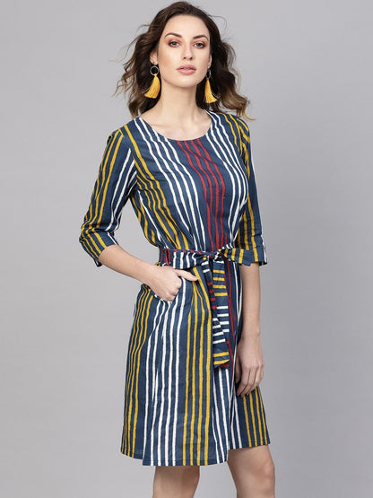 Women's  Blue & Yellow Striped A-Line Dress