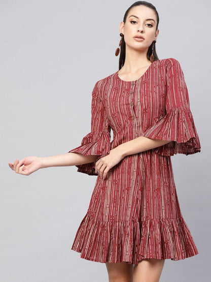 Women's  Maroon & Off-White Striped A-Line Dress