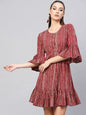 Women's  Maroon & Off-White Striped A-Line Dress