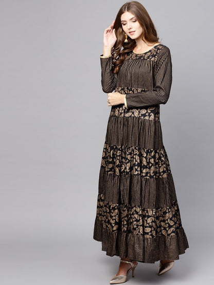Women's  Black & Golden Printed Tiered Anarkali Kurta