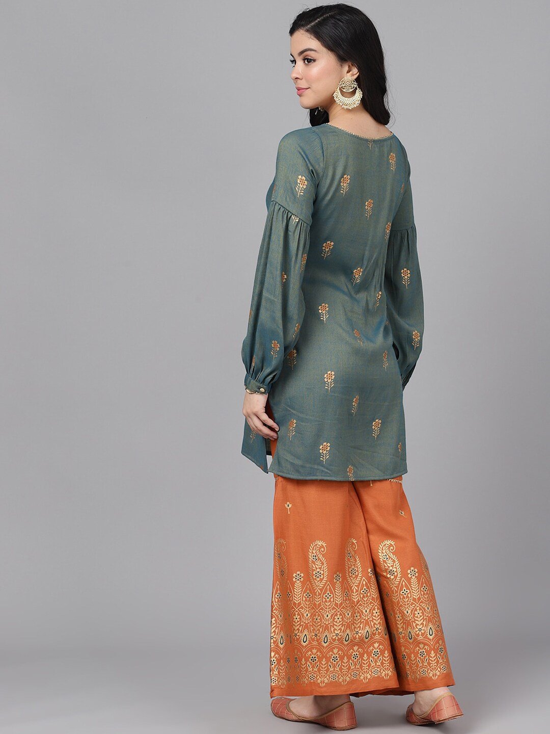 Women's  Grey & Orange Self Design Kurta with Sharara