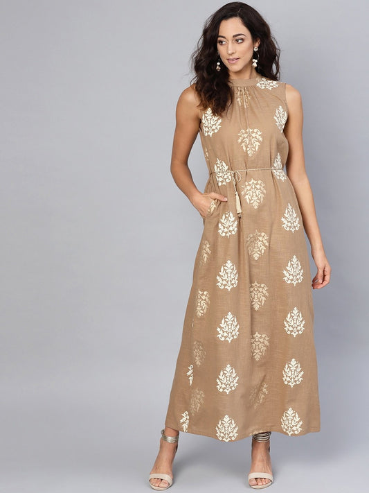 Women's  Beige & Off-White Printed Maxi Dress