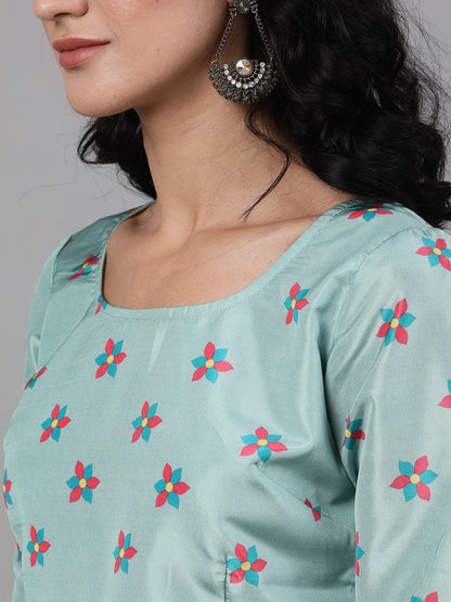 Women's Peach-Coloured & Sea Green Printed Ready to Wear Lehenga & Blouse with Dupatt