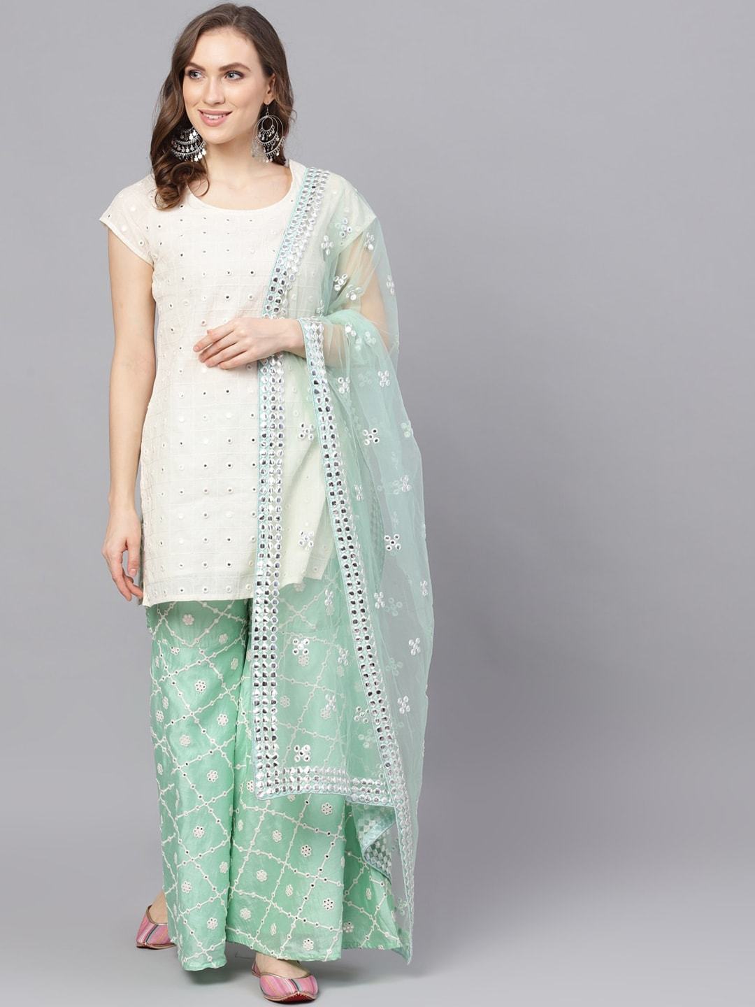 Women's White & Green Mirror Work Kurti With Sharara & Net Dupatta