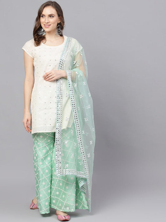 Women's White & Green Mirror Work Kurti With Sharara & Net Dupatta