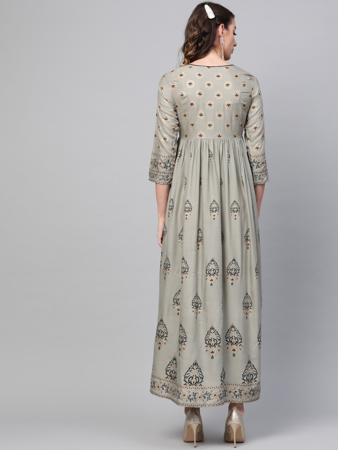 Women's  Grey & Black Block Printed Maxi Dress