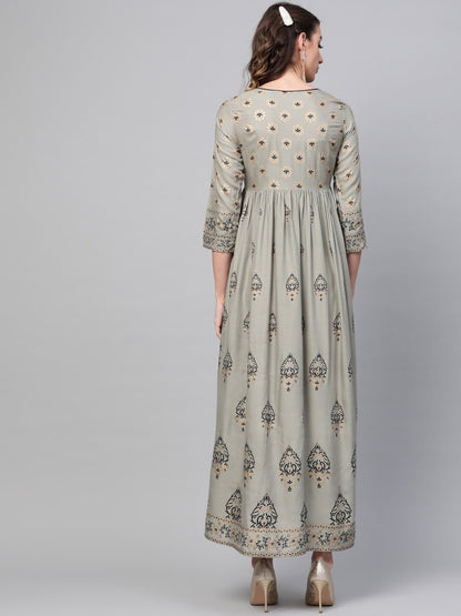 Women's  Grey & Black Block Printed Maxi Dress