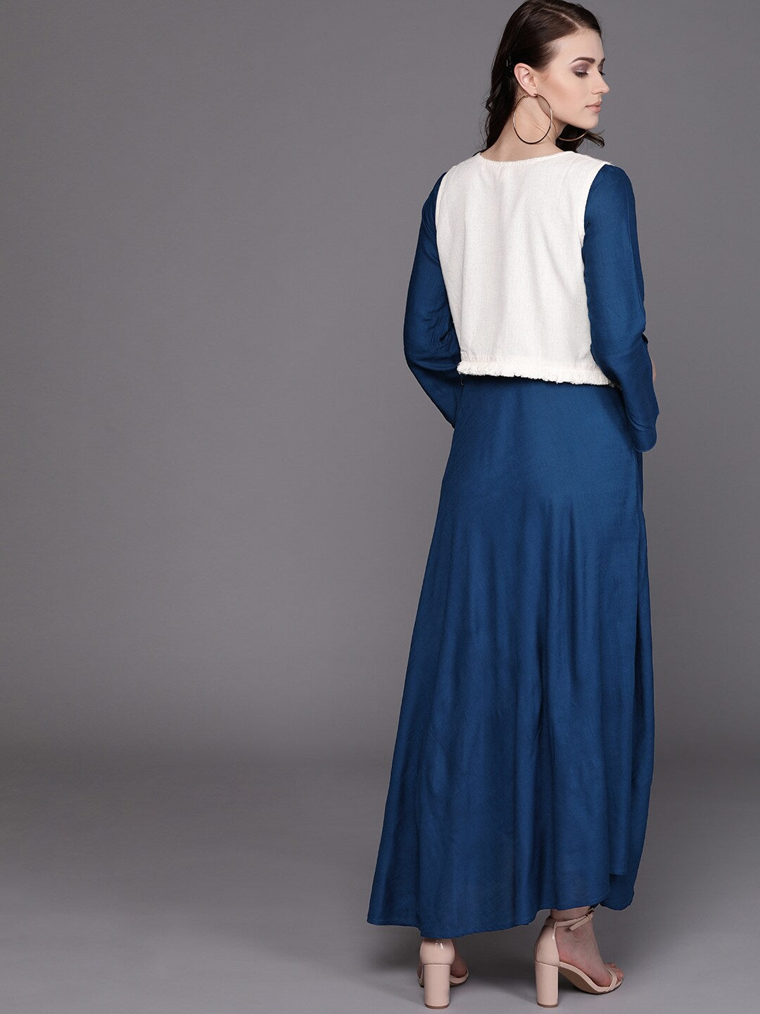 Women's Blue Maxi Gown with Floral Embroidered Jacket