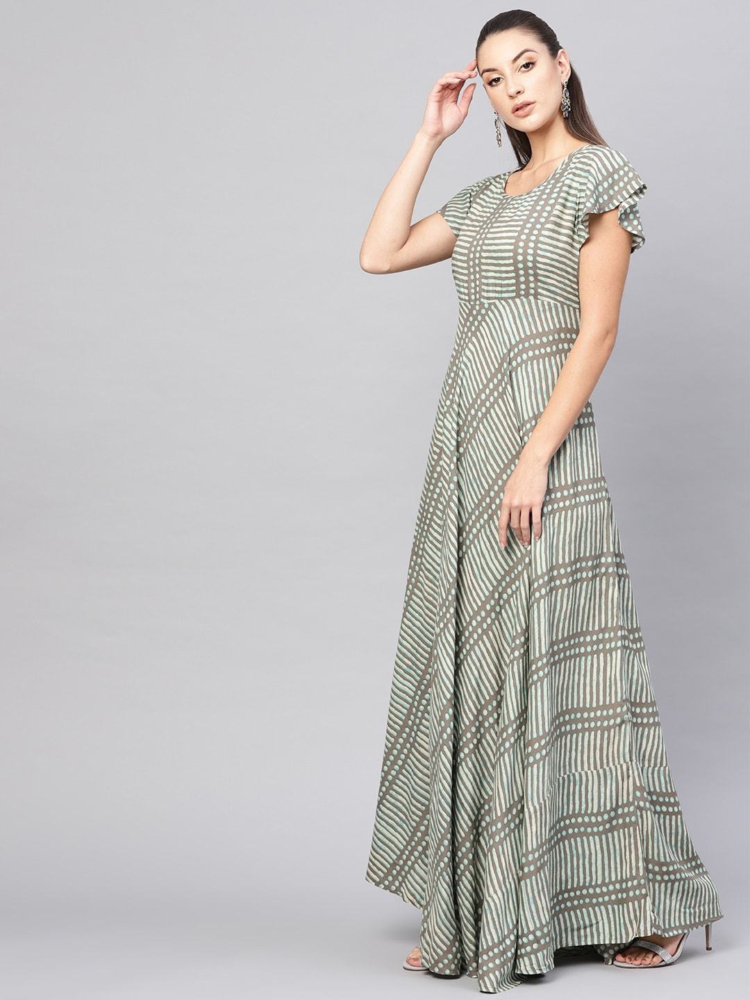 Women's  Taupe & Green Printed Maxi Dress