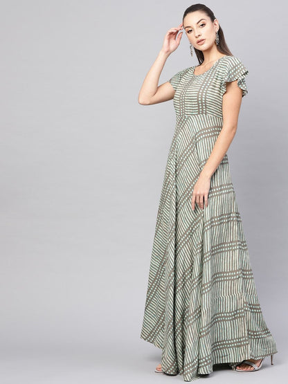 Women's  Taupe & Green Printed Maxi Dress