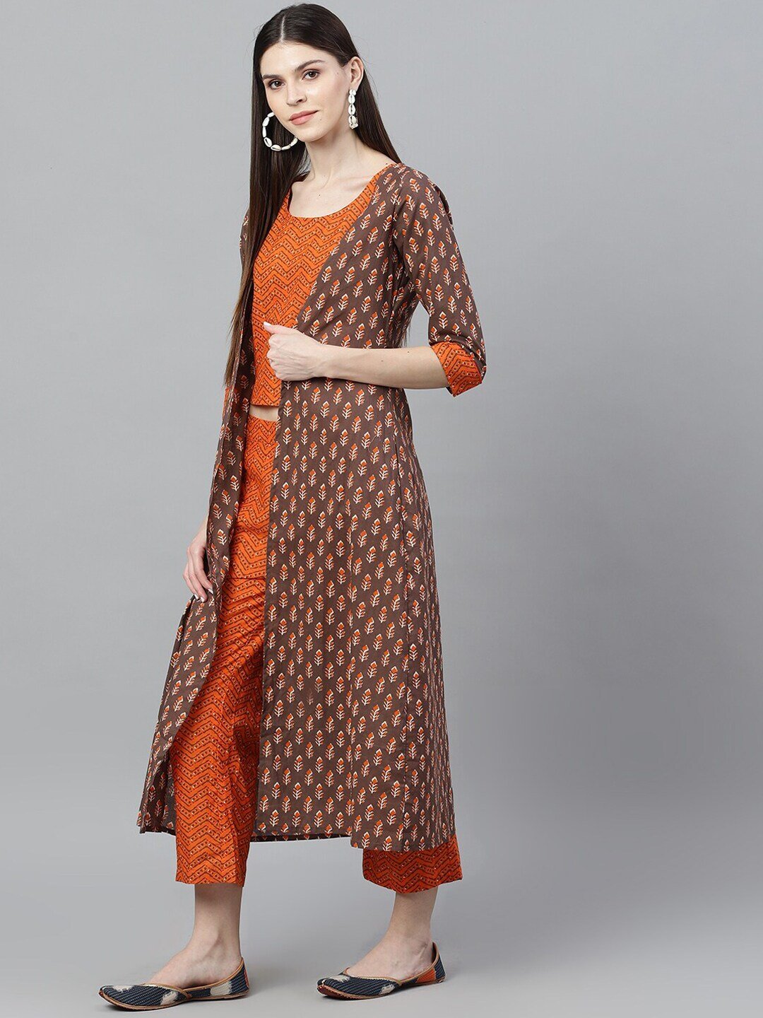 Women's Orange & Brown Printed Top & Capri With Jacket