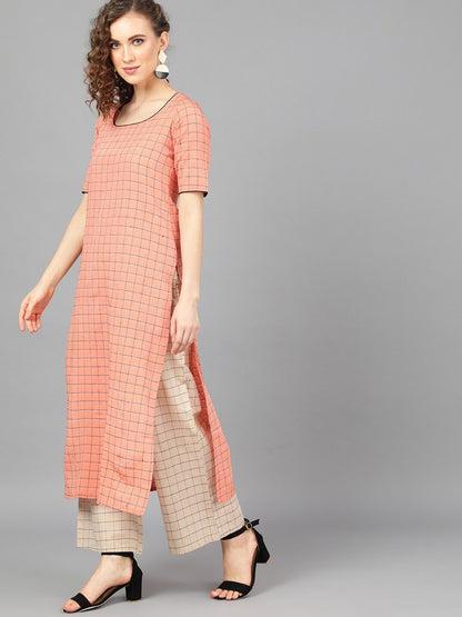 Women's  Peach-Coloured & Beige Printed Kurta with Palazzos