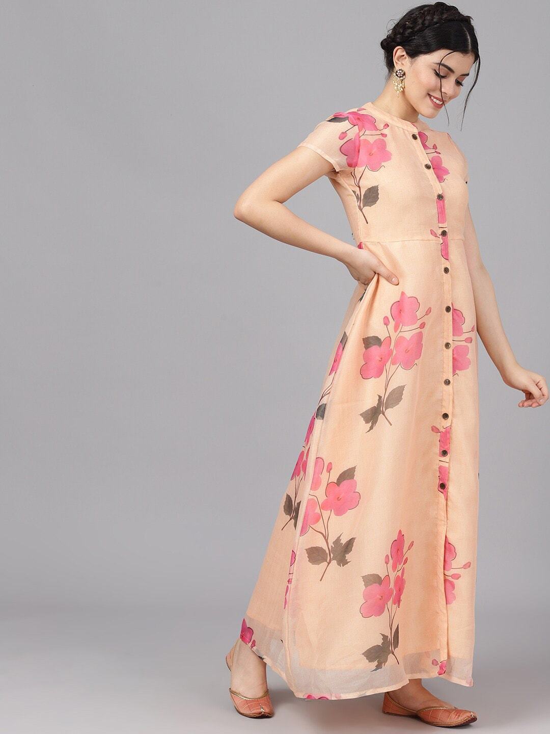 Women's  Cream-Coloured Printed Maxi Dress
