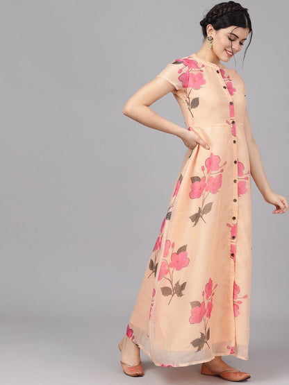 Women's  Cream-Coloured Printed Maxi Dress