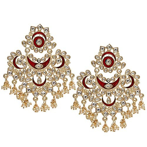 Women's  Gold Platedmaroon Meena Work Kundans & Pearls Chandbali Earrings