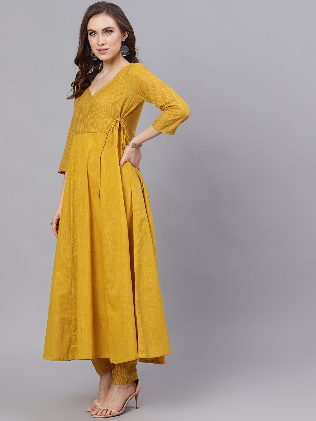 Women's  Mustard Yellow Striped Anarkali Kurta