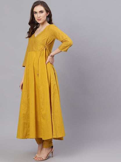 Women's  Mustard Yellow Striped Anarkali Kurta