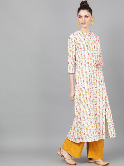 Women's  Off-White & Pink Floral Printed A-Line Kurta - AKS.C