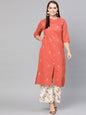 Women's  Rust Orange & Off-White Embroidered Kurta with Palazzos