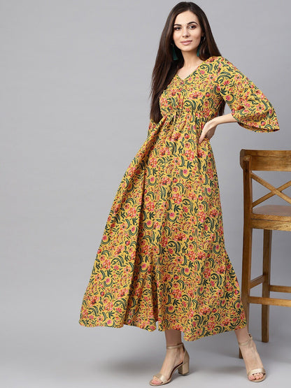 Women's  Mustard Yellow & Green Printed Maxi Dress