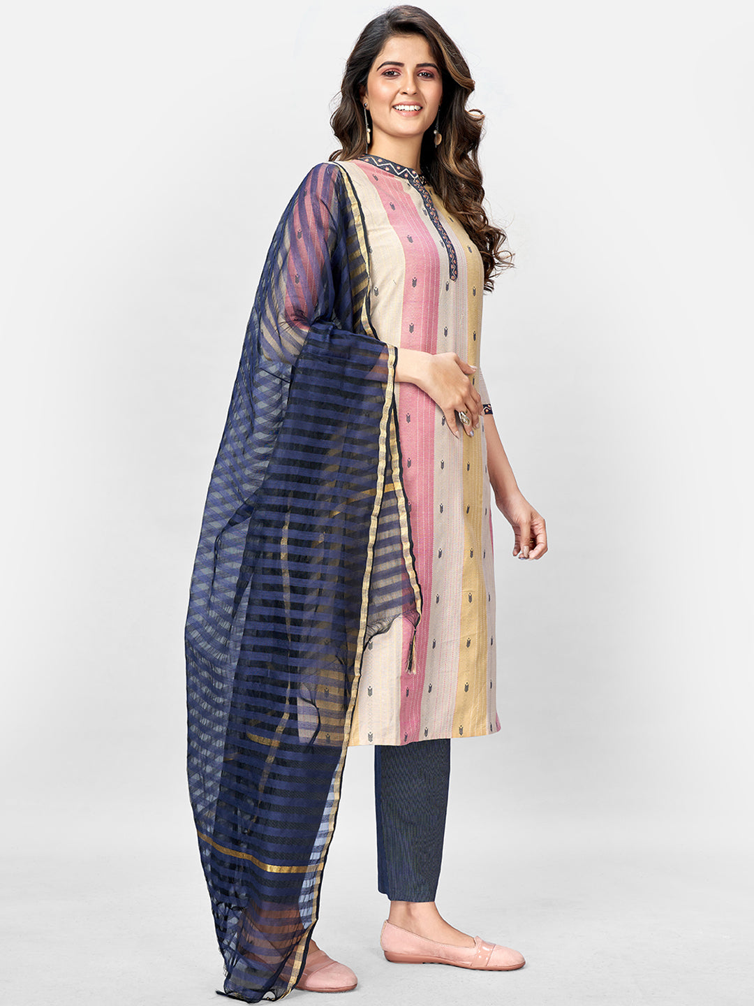 Women's Beige Multicolour Cotton Kurta With Pant & Dupatta By Vbuyz (3