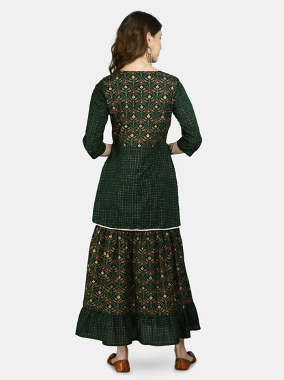 Women's Green Viscose Printed 3/4 Sleeve Round Neck Casual Dress