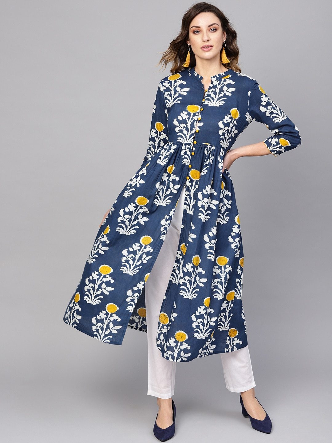 Women's  Navy Blue & Off-White Printed A-Line Kurta