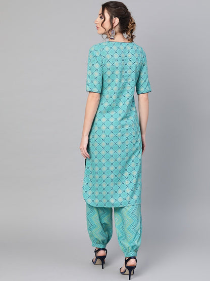 Women's  Blue Printed Kurta with Trousers