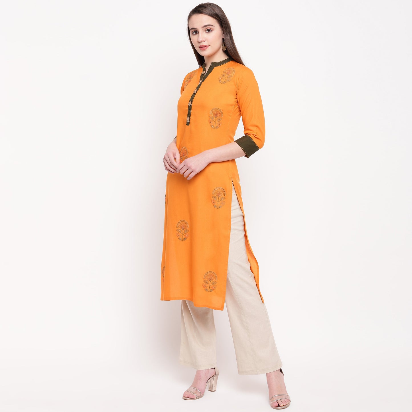 Women's Embroidered Straight Rayon Mustard Kurta (1Pc)