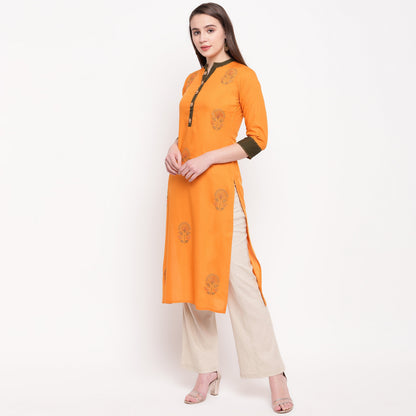 Women's Embroidered Straight Rayon Mustard Kurta (1Pc)