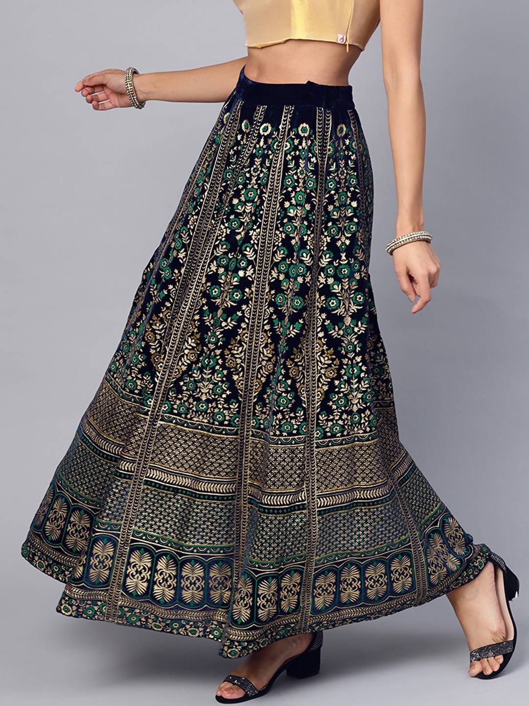 Women's Navy Velvet Foil Print Kalidar Skirt