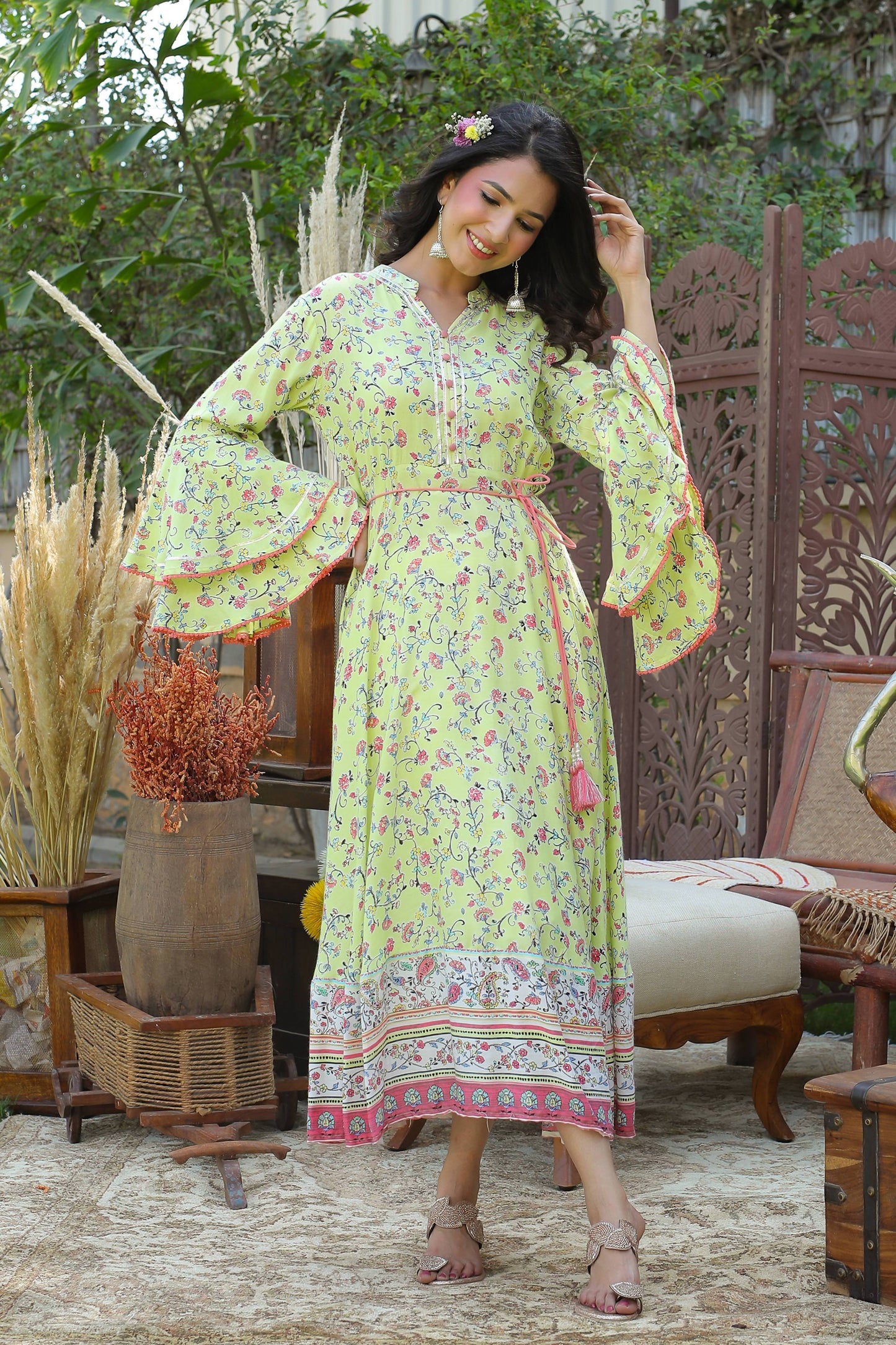 Buy_Women's_Limegreen_Rayon_Floral_Print_Flared_Dress_With_Tie-Up_Dori_&_Mask_Online_Trendia