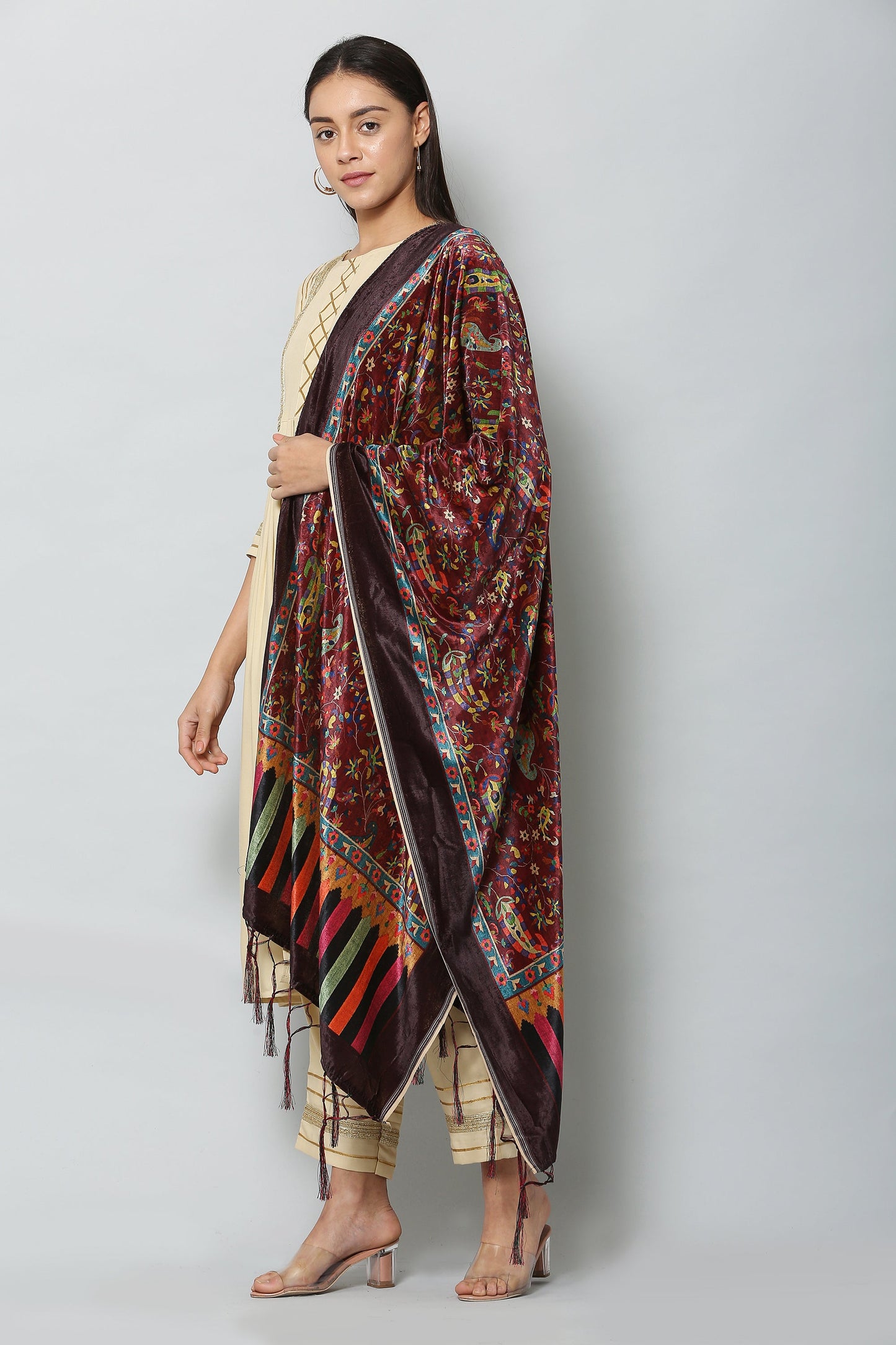 Women's Maroon Color Polyster Velvet  Digital Printed Dupatta