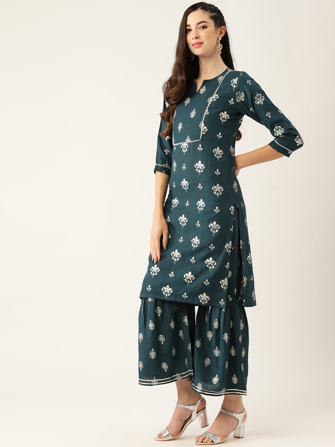 Women's Dark Rama Color Rayon Blend Printed Kurta Sharara With Dupatta