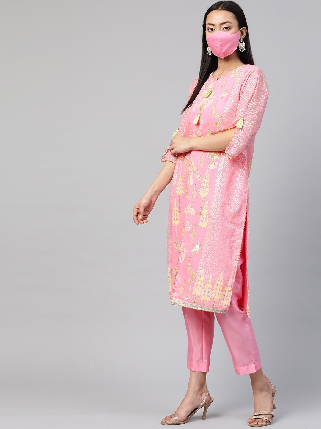 Women's Pink A-Line Printed Kurta Pant & Dupatta Set with Mask