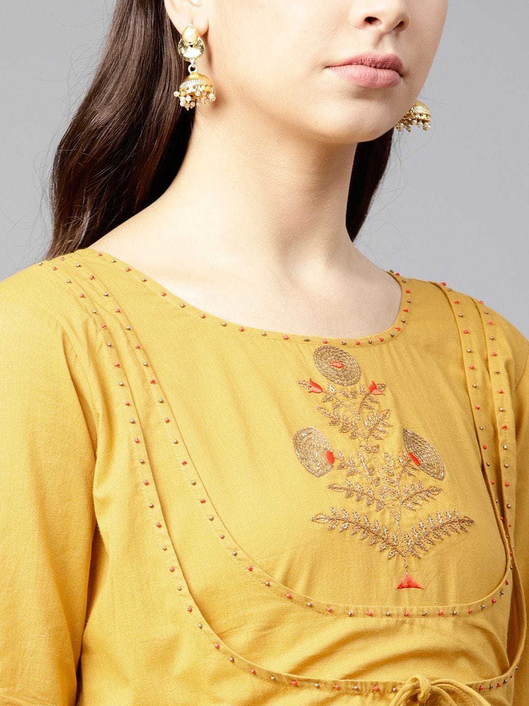 Women's Mustard Embroidered A Line Kurta