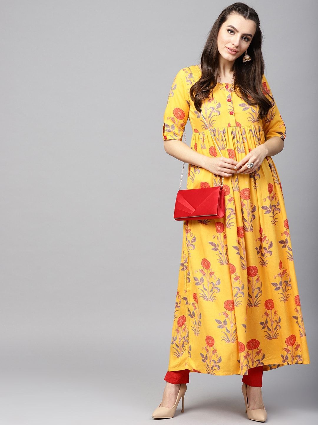 Women's  Mustard Yellow & Rust Orange Printed A-Line Kurta