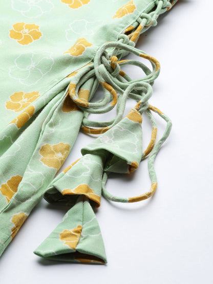 Women's  Green & Mustard Yellow Printed A-Line Dress